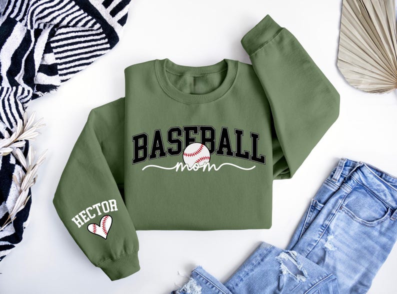 Personalize Baseball Mom Kids Name On Sleeve Sweatshirt, Baseball Season Shirt, Mom Baseball Sweater, Baseball Mama Shirt, Baseball Mom Gift image 2