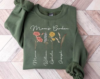 Mom's Garden Sweatshirt, Personalize Mothers Day Gift, Custom Birth Month Flower With Kids Name Sweatshirt, Flowers Lover Mommy Gift