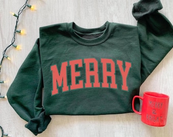 Retro Merry Sweatshirt : Womens Christmas Shirt, Festive Holiday Sweater, Cute Christmas Gift