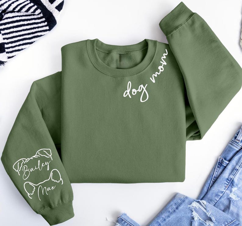 Custom Dog Mom Sweatshirt With Ears Name On Sleeve, Personalize Mom Gift, Mothers Day Gift Dog Mom, Dog Lover Mom Gift, Christmas Gift Mom image 1