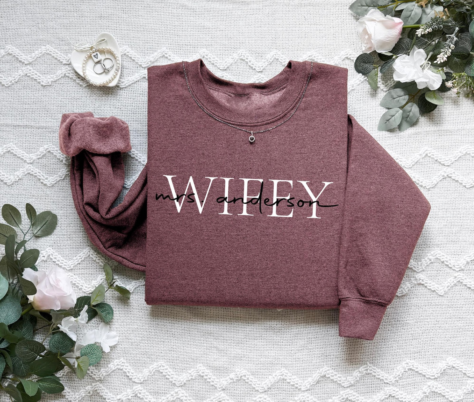 Personalized Wifey Last Name Sweatshirt, Mrs Sweater, Bridal Shower Gift - Adult Unisex Crewneck Sweatshirt L, Heather Maroon