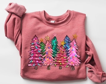 Pink Merry Christmas Tree Sweatshirt : Cute Womens Holiday Sweater, Winter Shirt, Xmas Party Tee