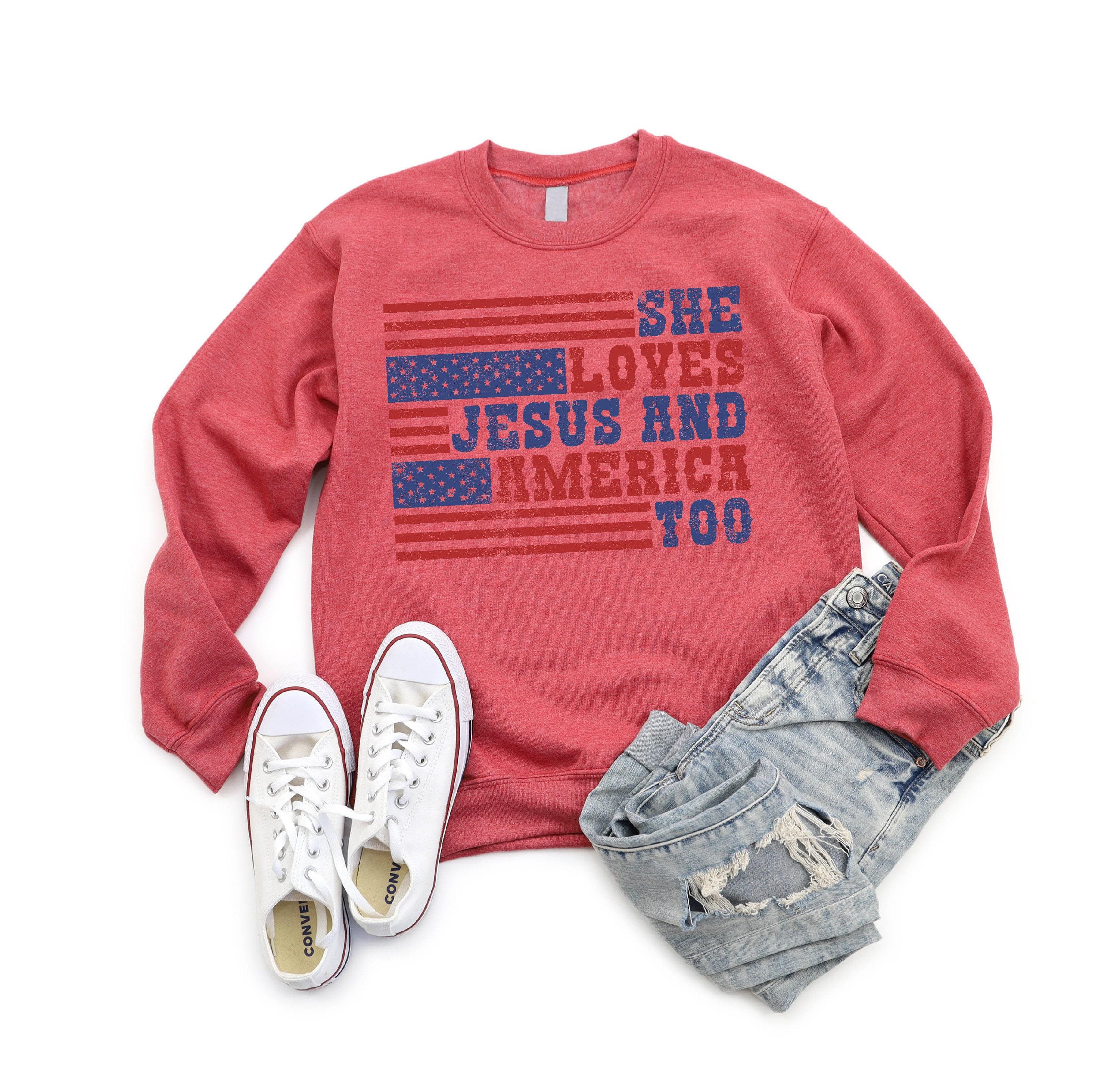 Retro USA Sweatshirt, She Loves Jesus And America Too, Womens USA Crewneck Sweatshirt, USA Shirt, America Sweatshirt, 4th of July Sweatshirt