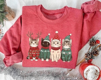 Cute Cat Christmas Sweatshirt : Cat Lover Holiday Gift, Xmas Graphic Tee
