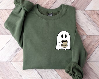 Cute Spooky Coffee Sweatshirt, Womens Ghost Sweatshirt, Spooky Season, Fall Coffee Lover Shirt, Halloween Party Shirt, Fall Graphic Shirt