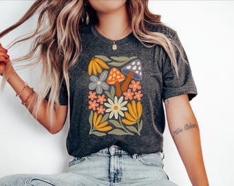 Mushroom Wildflower Shirt, Womens Wild Flower Shirt, Cottagecore Shirt, Mushroom Shirt, Botanical Mushroom Shirt, Mushroom and Floral Shirt