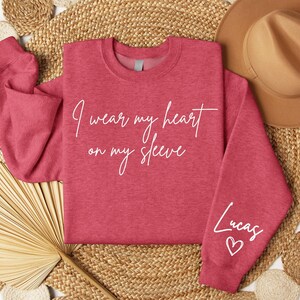 I Wear My Heart On My Sleeve Sweatshirt for Mothers Day, Custom Mama Sweatshirt with Kids Name on Sleeve, Mother Day Gift for Mom, Mom Gift image 6