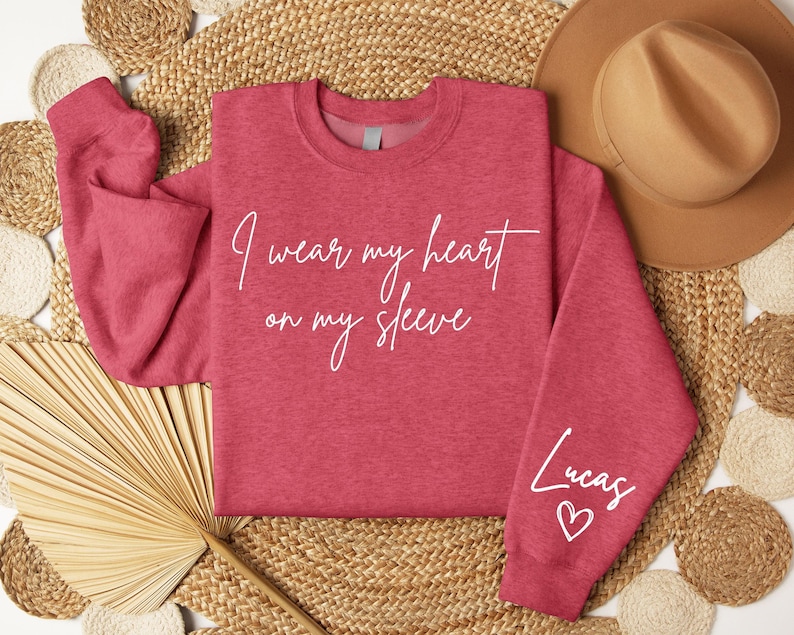 I Wear My Heart On My Sleeve Sweatshirt for Mothers Day, Custom Mama Sweatshirt with Kids Name on Sleeve, Mother Day Gift for Mom, Mom Gift image 6