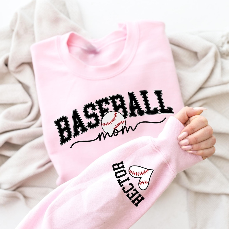 Personalize Baseball Mom Kids Name On Sleeve Sweatshirt, Baseball Season Shirt, Mom Baseball Sweater, Baseball Mama Shirt, Baseball Mom Gift image 6