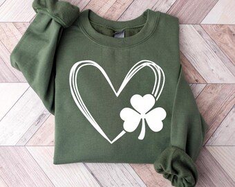 Shamrock Heart Sweatshirt, Womens St Patricks Day Hoodie, Love Lucky Sweater, Shenanigans Four Leaf Clover Shirt, Irish Day Gift