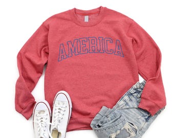 Womens America Sweatshirt, USA America Crewneck, 4th of July Sweatshirt, Patriotic Sweatshirt, Red White and Blue, Fourth July Sweatshirt