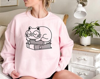 Books and Cat Sweatshirt, Cat Sleeping On Books, Cat Shirt, Books Shirt, Cute Cat Shirt, Reading Shirt, Book Lover Gift, Cat Lover Gift