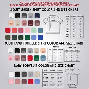 a color and size chart for various types of shirts, including adult and youth shirts, as well as a baby bodysuit chart. The chart provides color options and corresponding sizes for each type of shirt, as well as measurements for the chest and length.