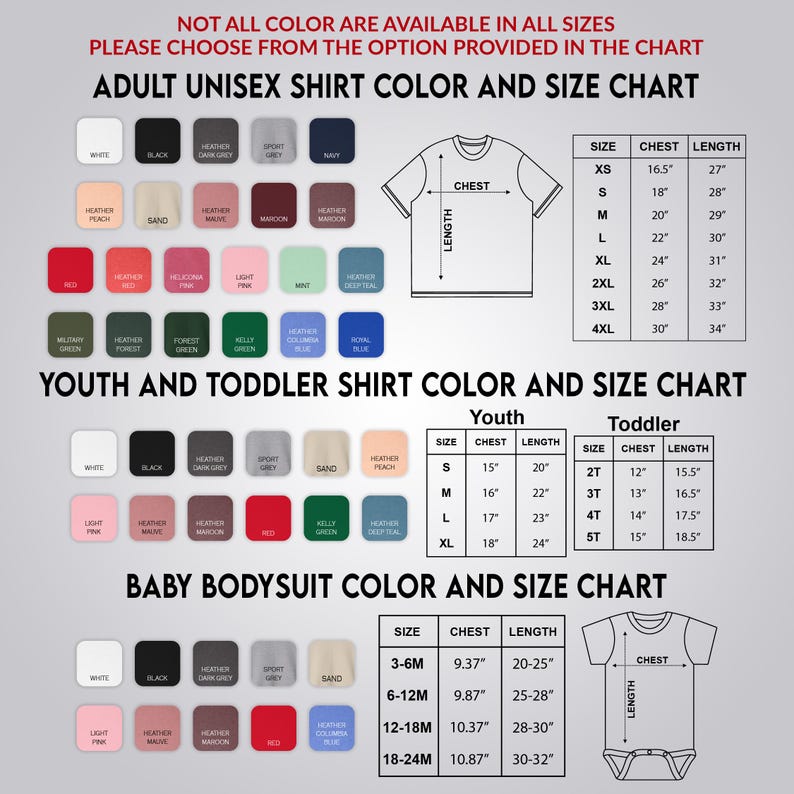 a color and size chart for various types of shirts, including adult and youth shirts, as well as a baby bodysuit chart. The chart provides color options and corresponding sizes for each type of shirt, as well as measurements for the chest and length.