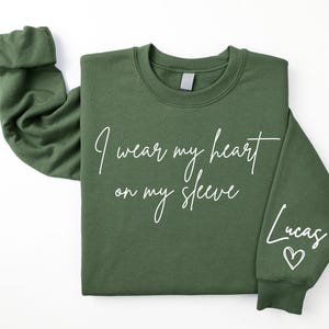I Wear My Heart On My Sleeve Sweatshirt for Mothers Day, Custom Mama Sweatshirt with Kids Name on Sleeve, Mother Day Gift for Mom, Mom Gift image 2