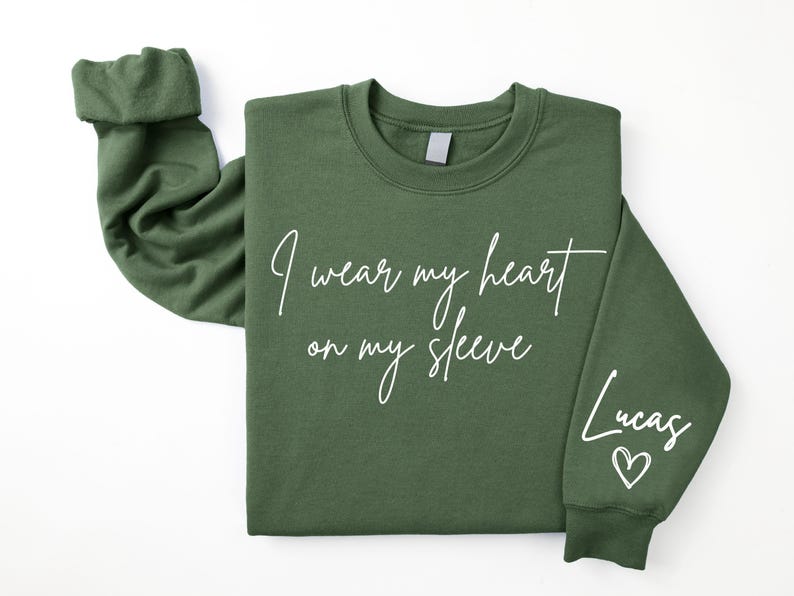 I Wear My Heart On My Sleeve Sweatshirt for Mothers Day, Custom Mama Sweatshirt with Kids Name on Sleeve, Mother Day Gift for Mom, Mom Gift image 2