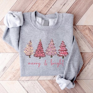 Pink Merry and Bright Christmas Tree Sweatshirt, Cute Women Christmas Crewneck, Holiday Sweatshirt, Winter Sweatshirt, Christmas Sweater