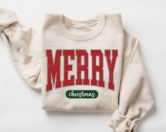 Retro Merry Christmas Sweatshirt : Womens Holiday Gift, Festive Xmas Shirt
