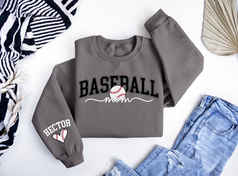 Personalize Baseball Mom Kids Name On Sleeve Sweatshirt, Baseball Season Shirt, Mom Baseball Sweater, Baseball Mama Shirt, Baseball Mom Gift image 5