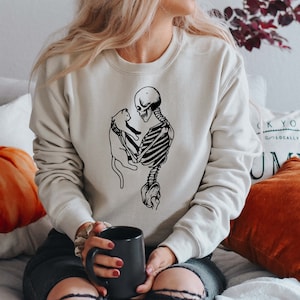 Skeleton And Cat Sweatshirt, Halloween Sweatshirt,Funny Halloween Hoodie, Women Halloween, Halloween Gift For Cat Lovers,Fall Shirt, Cat Mom