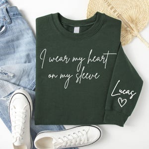 I Wear My Heart On My Sleeve Sweatshirt for Mothers Day, Custom Mama Sweatshirt with Kids Name on Sleeve, Mother Day Gift for Mom, Mom Gift image 3