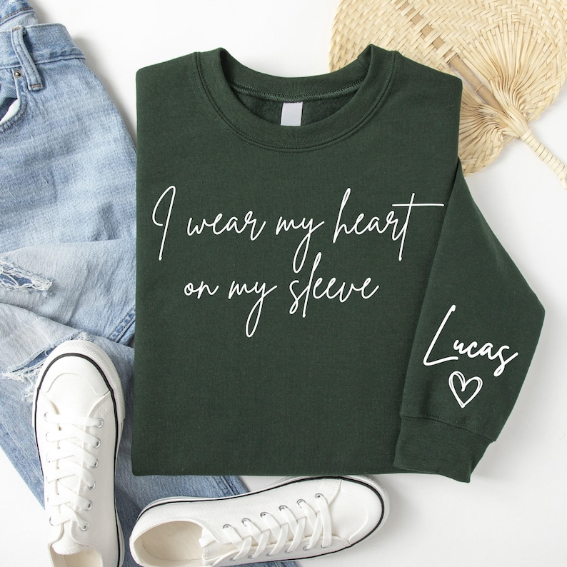 I Wear My Heart On My Sleeve Sweatshirt for Mothers Day, Custom Mama Sweatshirt with Kids Name on Sleeve, Mother Day Gift for Mom, Mom Gift image 3
