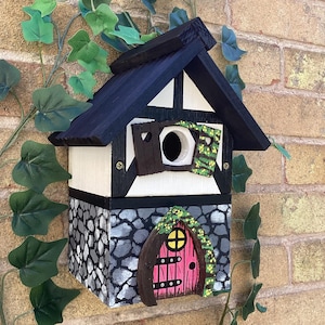 Hand painted bird box in a stone wall style.  Pink fairy door, fairy house, wooden bird shelter, birdhouse garden decor.  Birthday gift