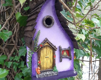 handmade wooden bird house for small garden birds, birthday gifts for garden lovers,  outdoor decoration, fairy house with door and window.