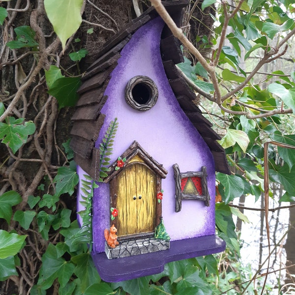 handmade wooden bird house for small garden birds, birthday gifts for garden lovers,  outdoor decoration, fairy house with door and window.