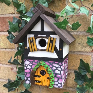 Handmade Mothers day gift for mum, sister. Wooden birdhouse with a fairy door and window.  Tree decoration  for gardeners. Yard and wall art