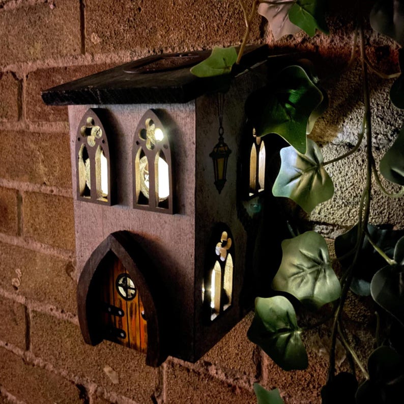 Solar Fairy House, Solar Powered Wooden Garden Cottage, Light Up Whimsical Decor, Illuminated Fairy Garden House with Sparkly Door & Lantern image 1