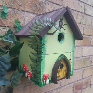 Green Wooden Bird House, outdoor birdhouse with yellow door, fairy garden decoration, nesting box.