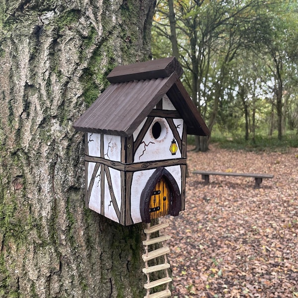Handmade Wooden Fairy Birdhouse, Tudor Cottage Tree Decoration
