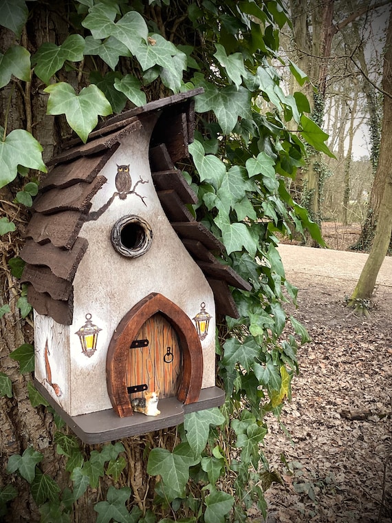 Wooden bird box, bird house, Hand painted featuring a fox, owl, dog, rabbits and fairy door. Great gardeners gift.