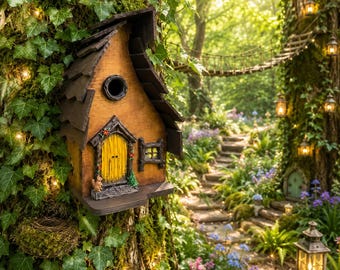 May include: A wooden birdhouse with a dark brown shingled roof, a bright yellow arched door, and a small circular entrance hole. The structure is mounted on a tree trunk covered in green ivy and small warm white fairy lights in a forest.