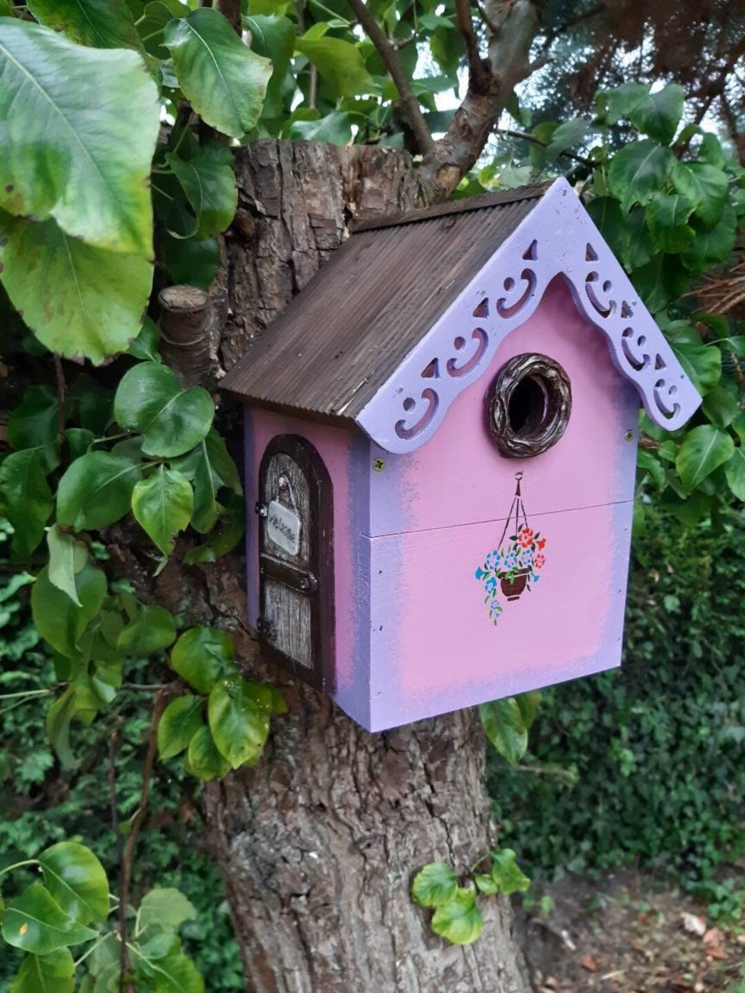 Wooden Bird Box With a Fairy House Theme. Pink Nesting Box, Fairy