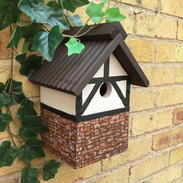 Cottage style bird box, wooden nesting shelter for small garden birds, outdoor gifts for bird lovers outdoor decoration, yard art tree decor