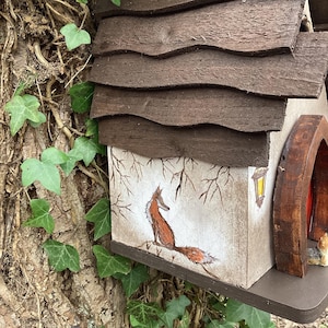 Wooden bird box, bird house, Hand painted featuring a fox, owl, dog, rabbits and fairy door. Great gardeners gift. image 4