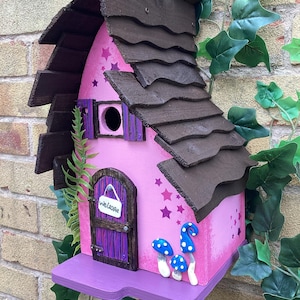 Pink bird house, wooden bird box for small garden birds, gifts for mum, bird box, bird shelter with fairy door, windows. Gift for gardeners