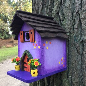 Bird box, a great gift for garden lovers.  Handmade purple bird house. Fairy house, pixie. Yard art hanging gifts. Birthday, house moving.