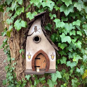 Wooden bird box, bird house, Hand painted featuring a fox, owl, dog, rabbits and fairy door. Great gardeners gift. image 10