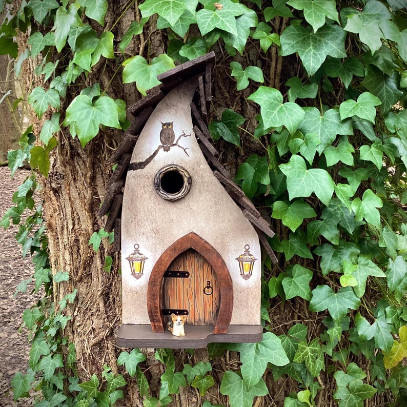 Wooden bird box, bird house, Hand painted featuring a fox, owl, dog, rabbits and fairy door. Great gardeners gift. image 10