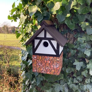 Cottage style bird box, wooden nesting shelter for small garden birds, outdoor gifts for bird lovers. Garden decoration, yard art tree decor