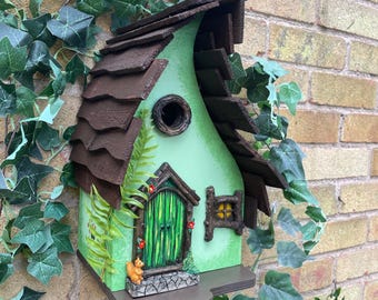 Hand Painted Green Fairy House Birdhouse, Garden Decor
