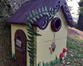 Mothers Day gift. Yellow bird box, house with a fairy house theme.  hand painted wooden nesting box, garden decoration for bird lovers