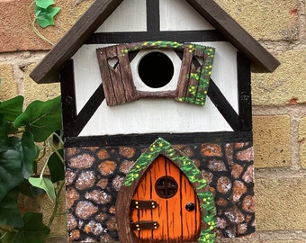 Hand painted Mothers Day wooden bird house. Cottage style with stone walls.  Suitable for small garden birds, Birthday gift for mum and dad.