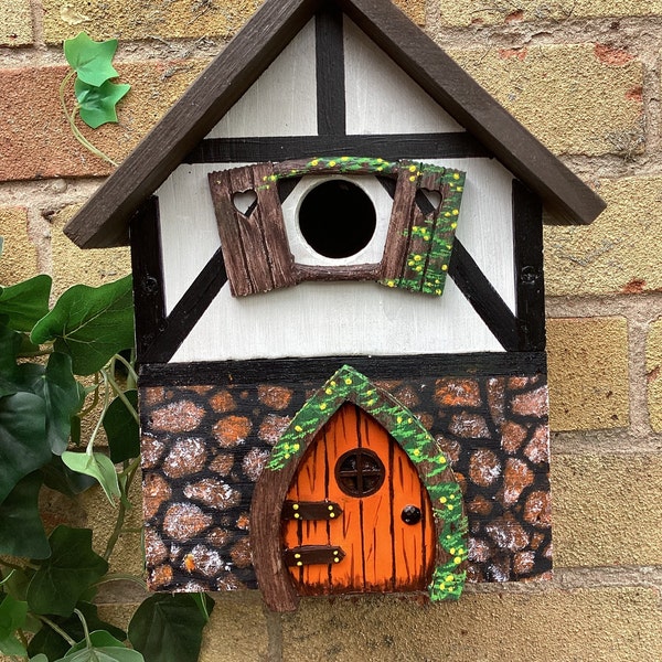 Hand painted beautiful wooden bird house. Cottage style with stone walls.  Suitable for small garden birds, Birthday gift for mum and dad.