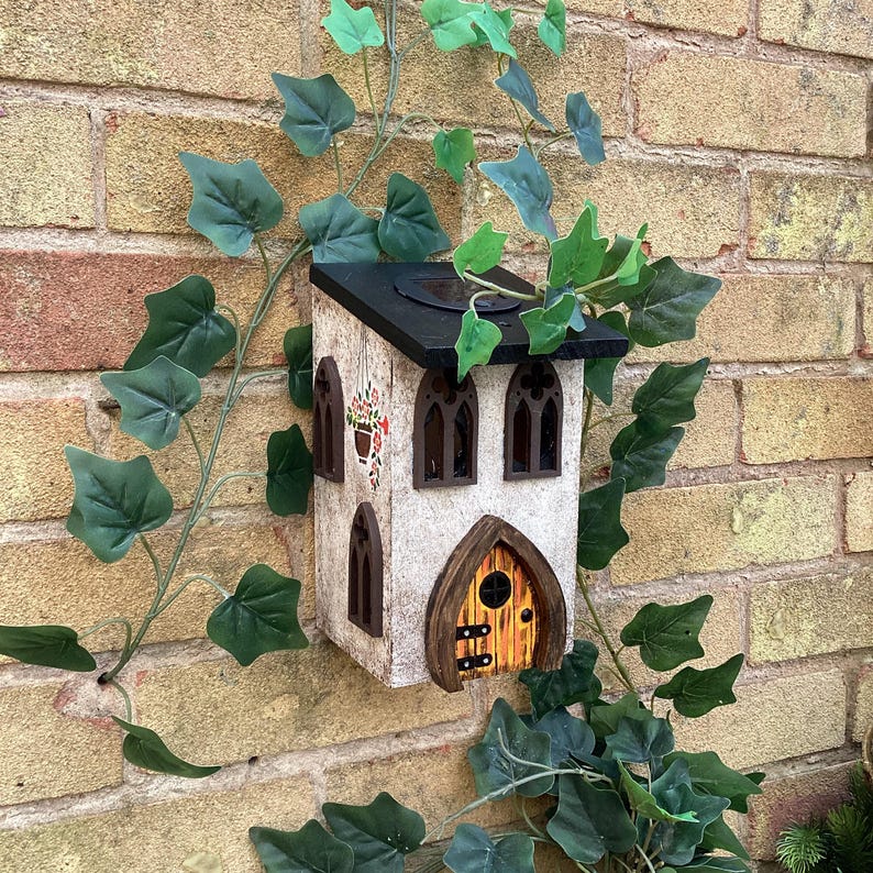 Solar Fairy House, Solar Powered Wooden Garden Cottage, Light Up Whimsical Decor, Illuminated Fairy Garden House with Sparkly Door & Lantern image 5