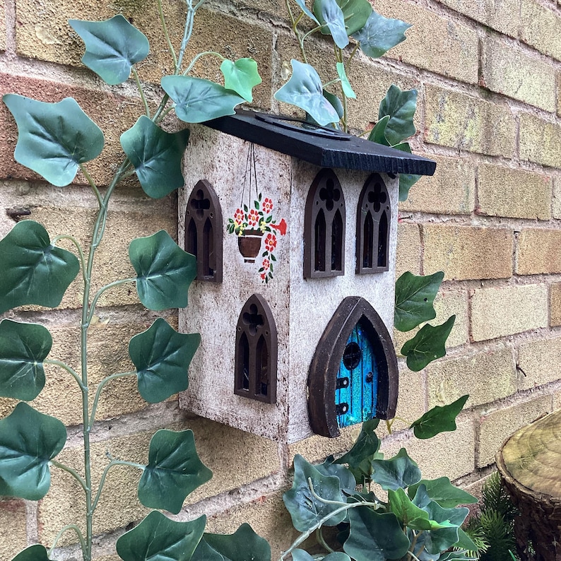 Solar Fairy House, Solar Powered Wooden Garden Cottage, Light Up Whimsical Decor, Illuminated Fairy Garden House with Sparkly Door & Lantern image 7