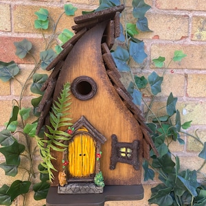 Casita de pájaros de madera caprichosa para hadas, decoración rústica para jardín